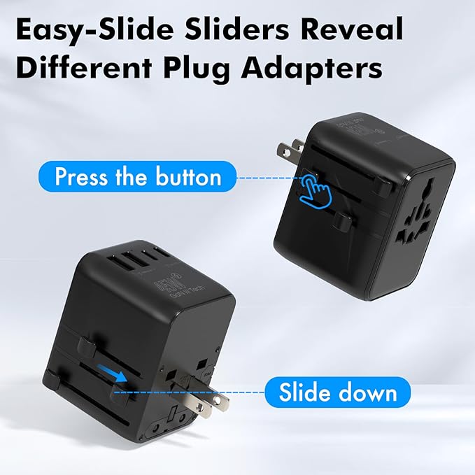 7 in 1 Travel Adapter Worldwide w/GaN 45W 2 USB-A (15W) 3 USB-C (45W) 2 AC Outlets Safety Certified International Plug Adapter for Universal Laptop Phone Camera for US EU UK AU