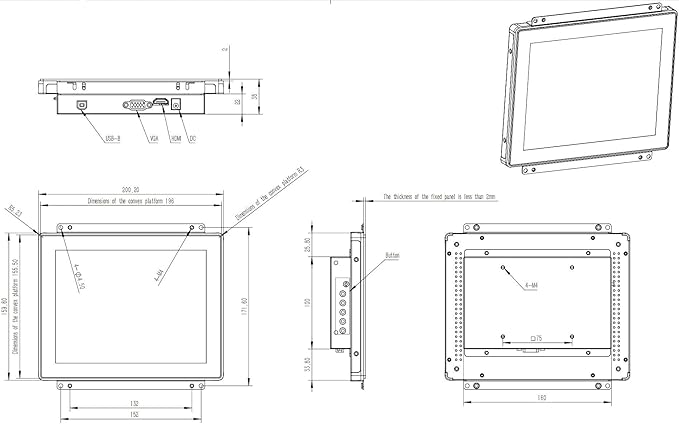 8 Inch Open Frame Capacitive Touchscreen Monitor 1024x768 Resolution 4:3 Aspect Ratio Waterproof IP65VESA+Panel Mount for Kiosk Automation POSVendingHMI and Digital Signage 7x24h Work