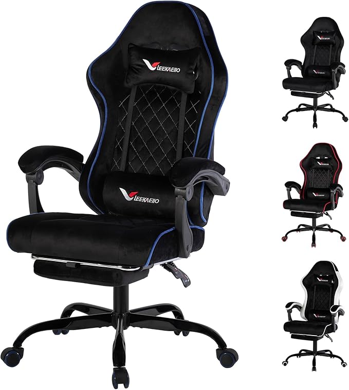 Velvet Gaming Chair for Adults with Pocket Spring Cushion SeatSoft Gaming Chair Fabric with Extendable Footrest Swivel Recliner with Ergonomic Lumbar Support and Headrest for Home/Office(Blue)
