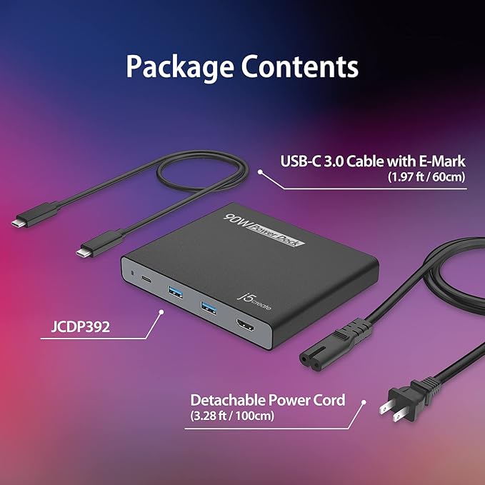 j5create USB-C Travel Hub with PD 65W Power Supply - for Travel or Business Trip - Charging Adapter Hub with 4K HDMI USB-A x 2 - for MacBook Air/Pro 13 Surface Pro and USB-C Laptop (JCDP392)