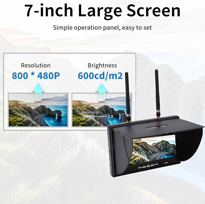 5.8Ghz FPV Receiver Monitor 7 Inch Dual Diversity Receiver with 40 Channels Auto-Scan 800x480 Resolution 600cd/m² Brightness LCD Screen for FPV Drone Racing and Outdoor Monitoring