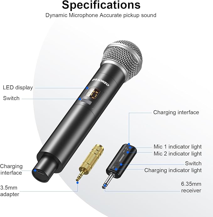 Aokeo Wireless Microphone Only for Mic Input UHF Metal Dynamic Handheld Multipurpose Mic with Rechargeable Receiver (Work 4hs) 160ft Range for Karaoke Machine Amplifier Speaker Mixer
