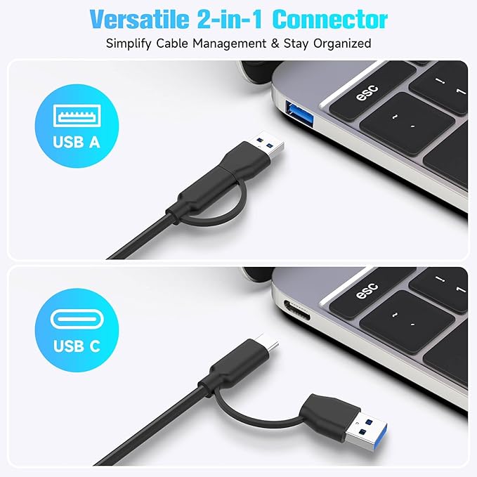 RSHTECH 7-Port Powered USB 3.2/USB-C Hub Splitter with 3 x 10Gbps USB-3.2 Ports (2C + 1A)4 USB-3.0 Ports (2C + 2A) 3.3ft Cable Touch Switches and 5V Power Adapter for Laptop PC