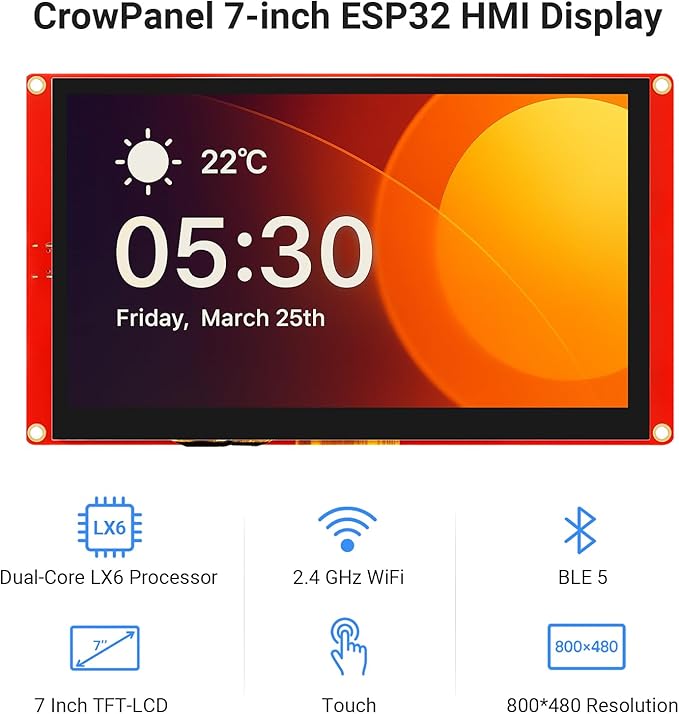 ELECROW ESP32 Display 800×480 7 Inch HMI Basic ESP32 RGB TFT LCD Touch Screen 32-Bit LX6 Dual-Core Processor Up to 240MHz Compatible with Arduino LVGL PlatformIO MicroPython