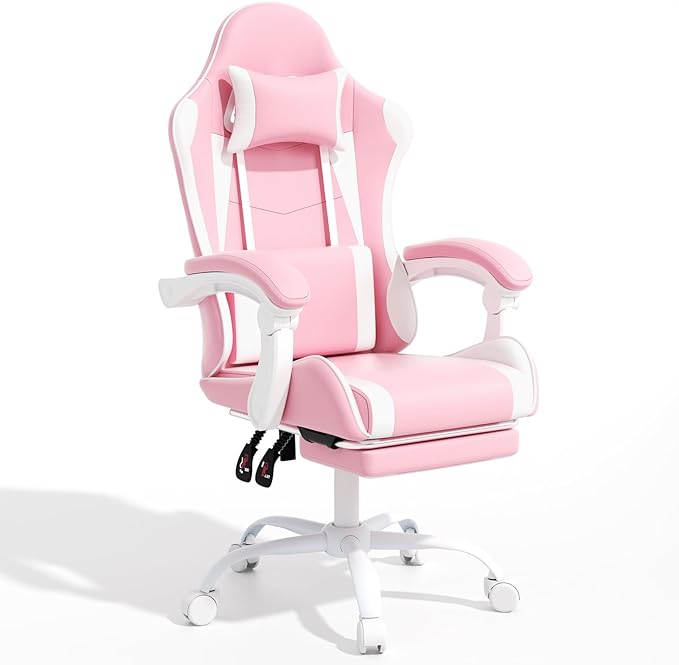 Magshion Gaming Chair Ergonomic Computer Chair with Linkage Armrests Height Adjustable Video Game Chair with Footrest and Headrest for Silla Gamer and Adults 350 Lbs Capacity Pink/White