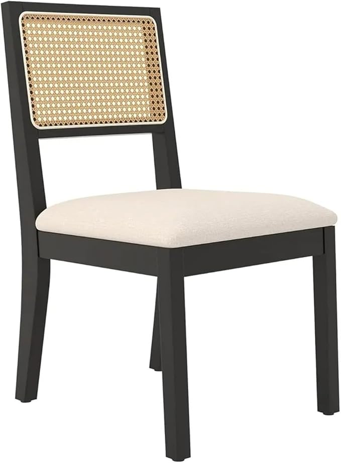 Adjustable Office Computer Chair with Armrest 1pcs Rattan Backrest Dining Chairs with Upholstered Cushion Solid Wood Frame and Legs(Black)