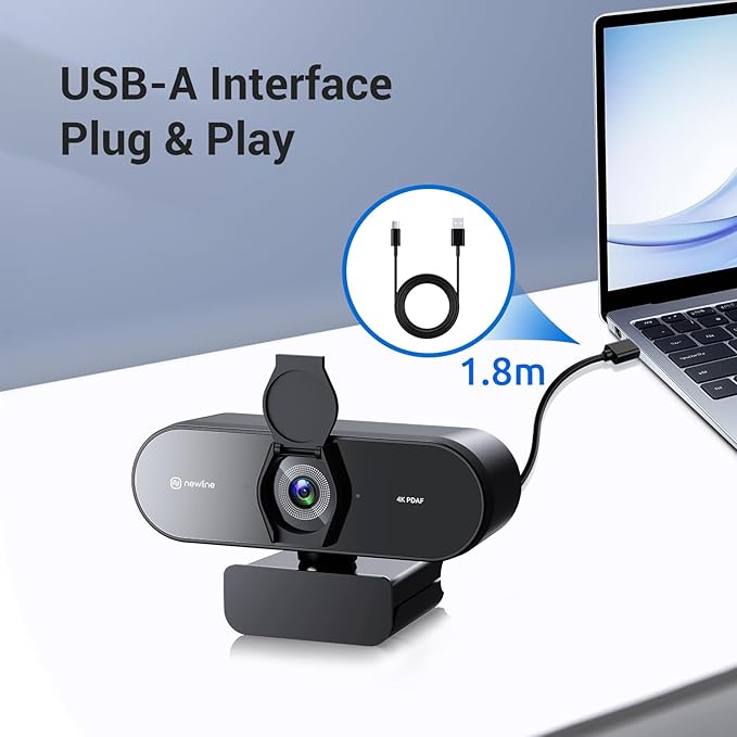 N newline 4K Webcam for PC PDAF/CDAF Autofocus 1080P@60FPS 79° FOV Auto Light Correction 2 Noise Reduction Mics Privacy Cover USB-A Streaming Camera for Skype Teams Online Meeting NewEye 62