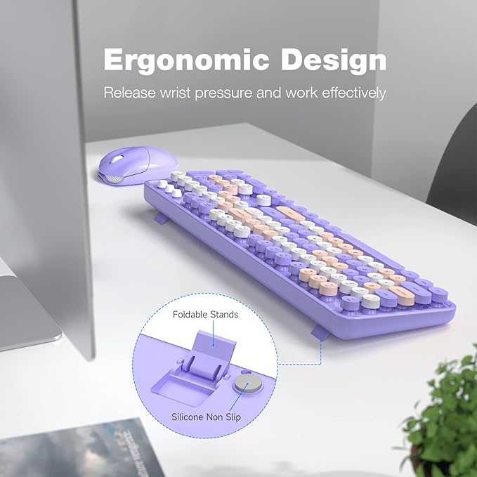 Wireless Keyboard and Mouse Combo MOWUX Colorful Computer Full Size 2.4G Plug and Play Wireless Typewriter Keyboard and Mouse Set for Windows Computer Desktop PC Notebook (Purple Colorful)