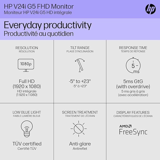 HP V24i G5 24 Inch Computer PC Monitor Full HD IPS 60Hz Refresh Rate 5ms Response Time 250 Nits Brightness AMD FreeSync Anti-Glare Low Blue Light HDMI DisplayPort Black (Renewed)