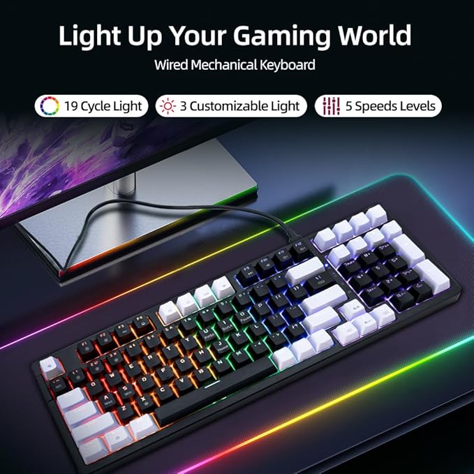 WJX Wired Gaming Mechanical Keyboard Creamy&ampSilent Keycaps RGB Backlit Number Pad MX Cherry Style Cool LED Light PBT Keycaps Hot Swappable USB Keyboard (Black)