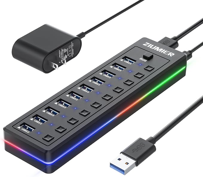 Powered USB Hub 10-Port USB 3.0 Hub with RGB LED Strip -5Gbps Data TransferIndividual LED On/Off Switches and 12V/2A Power Adapter for Laptop PC Mouse Keyboard Hard Drive or More USB Devices.