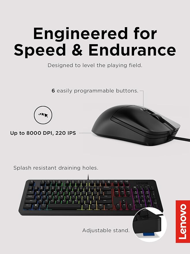 Lenovo Legion KM310 RGB Wired Gaming Keyboard &amp Mouse Combo - K310 Keyboard w/Silent Operation &amp Compact Water-Resistant Design - M300S Mouse with 8000 Adjustable DPI 220 IPS 6 Programmable