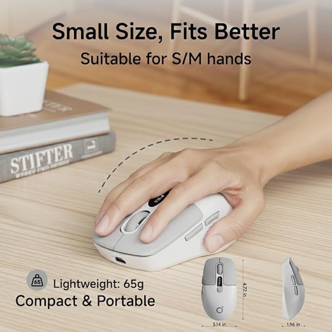 EWEADN Q1 Wireless Mouse BT &amp 2.4G Silent Mouse Quiet Click with 1600 DPI Levels Battery &amp DPI LED Screen Display 6 Button Small Portable Bluetooth Mouse for Laptop/PC/Mac-Grey