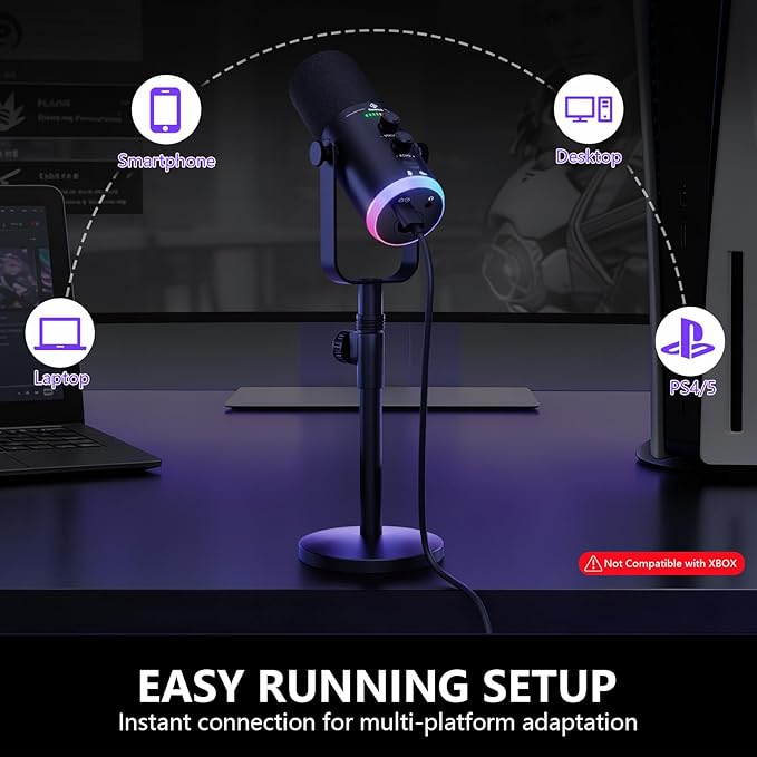 USB/XLR Dynamic Podcast Microphone with RGB Lighting PC Gaming Streaming Mic with Mute Button Headphone Jack and Desktop Stand TX2