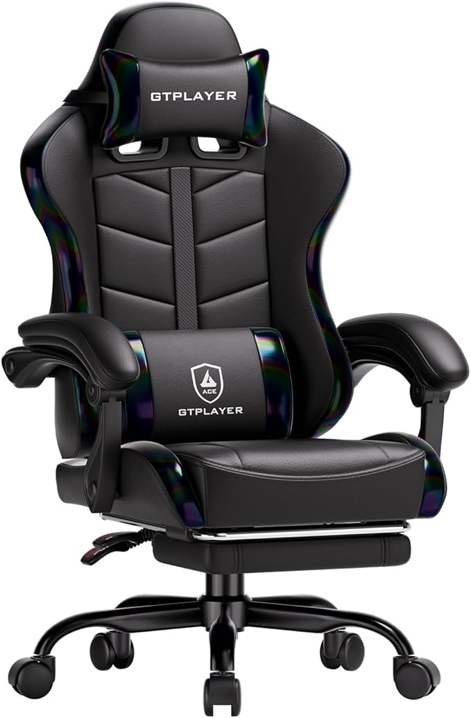 GTPLAYER Gaming Chair for Adults Ergonomic Computer Gaming Chair with Footrest Height Adjustable 90-155° Recline &amp Removable Headrest Lumbar Support Colorful Black