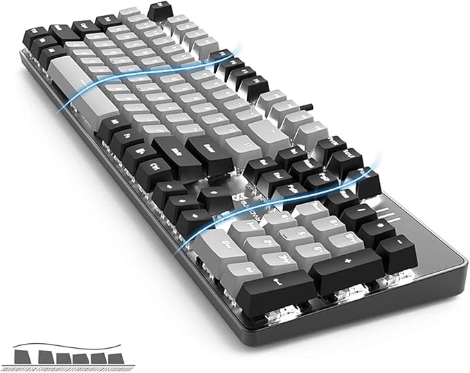 104 Keys Wired Mechanical Gaming Keyboard | White LED Backlit US Layout | Hot Swappable Blue Switch Full Size Mechanical Keyboard | Black &amp Grey Keycaps Light Up PC Gaming Computer Keyboards
