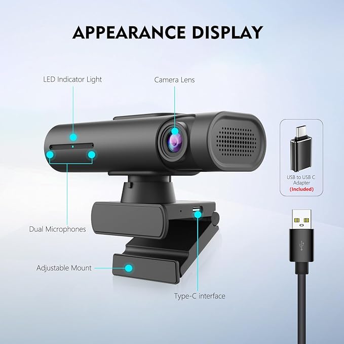 TOALLIN 2K Streaming Webcam for PC AI Tracking PTZ Webcam Gesture Control Dual Noise-Canceling Mics Ultra 95° FOV USB Web Camera for Desktop/Laptop Live Streaming Conferencing Video Calls