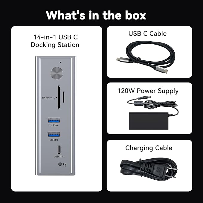 TobenONE DisplayLink Docking Station 3 Monitors 14-in-1 Triple Monitor Dock for M1-M5 MacBook/Mac mini Windows Chrome (3HDMI 120W Power Supply 5 USB Home Office &amp Professional Workspace