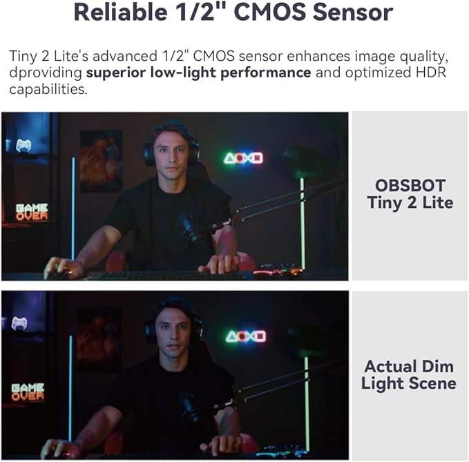 OBSBOT Tiny 2 Lite PTZ 4K Webcam 1080p@60fps HDR with AI Tracking Privacy Cover Microphone 1/2 Sensor USB2.0 Plug&ampPlay for Conferencing Live Streaming Compatible with Skype/YouTube/Team