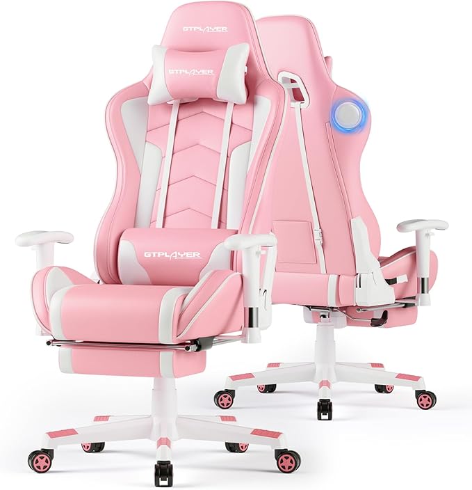 GTPLAYER Gaming ChairGamer Chair with Bluetooth and Adjustable BackrestSeat Height Adjustable Computer Chairs with 3D ArmrestsVideo Game Chair with Footrest Speakers (Pink)
