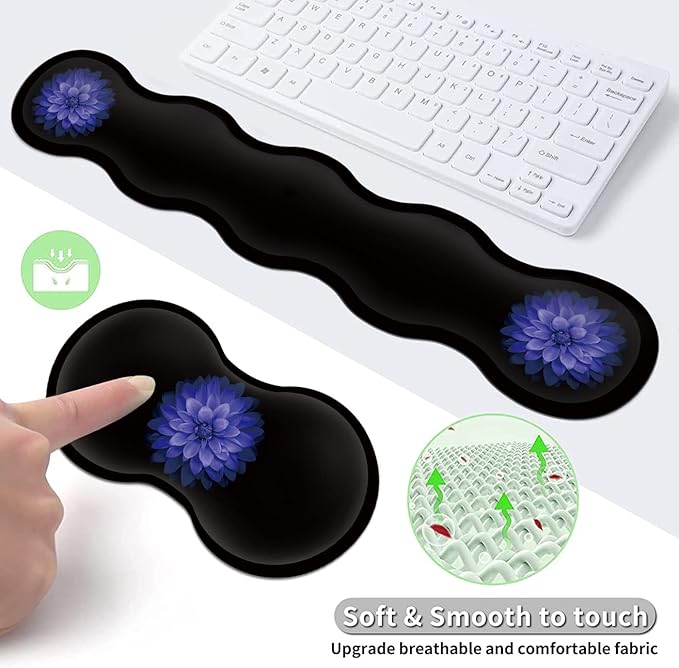 Ergonomic Mouse Pad Set Desk Mat(31.5×11.8 in) + Keyboard Wrist Rest Support + Mouse Wrist Rest + Coasters for OfficeHomeComputerLaptop -Purple Flowers Cute Black Gaming Large Mousepads XXL