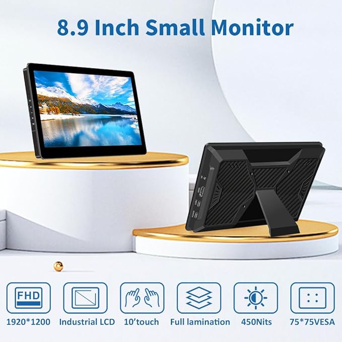 Portable Monitor Touchscreen8.9 Inch Small Monitor for Computer| 1920 * 1200 |16:10|450Nits|Optical Bonding| HDMI/USB-C Port|Mini Display for Raspberry Pi Laptop Mini PC Mac