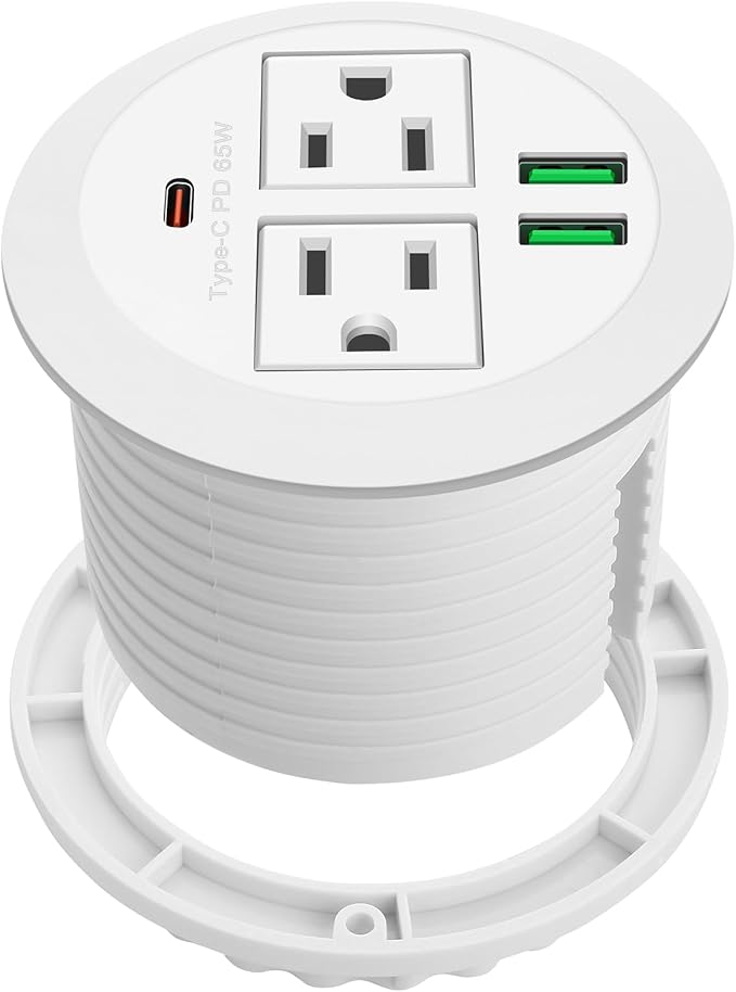 3-inch Desktop Power GrommetMax 65W USB C Charger2 Outlets and 3 USB High-Speed Charging Station Flush Mount Desk Hole Round Power Outlet Recessed Power Strip6ft Cord Flat Plug