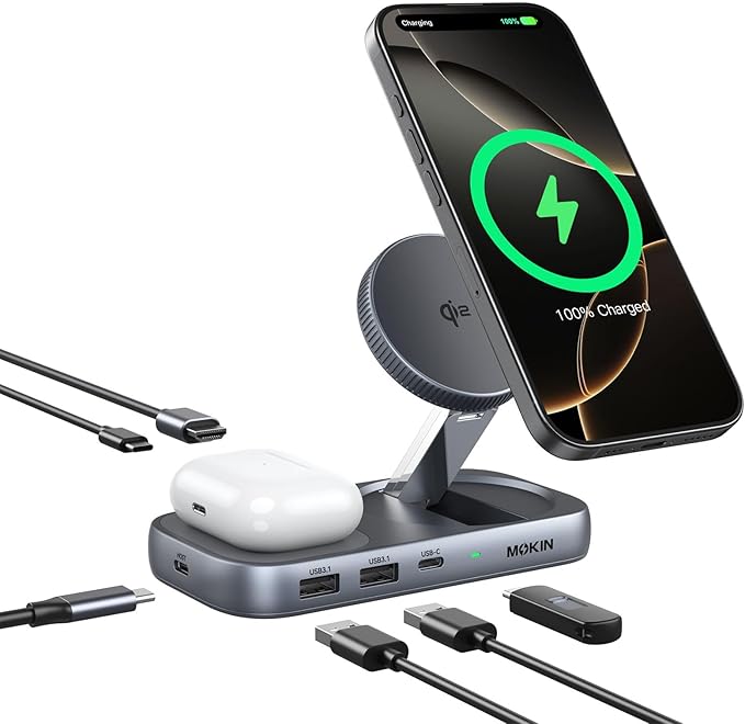MOKiN USB C Hub with 15W Qi2 Wireless Charger Laptop Docking Station to 4K HDMI 100W PD 10Gbps Ports 15W+5W Wireless Charging Stand for iPhone 16/15/14/13 &amp Airpods USBC Dock for MacBook/Wind