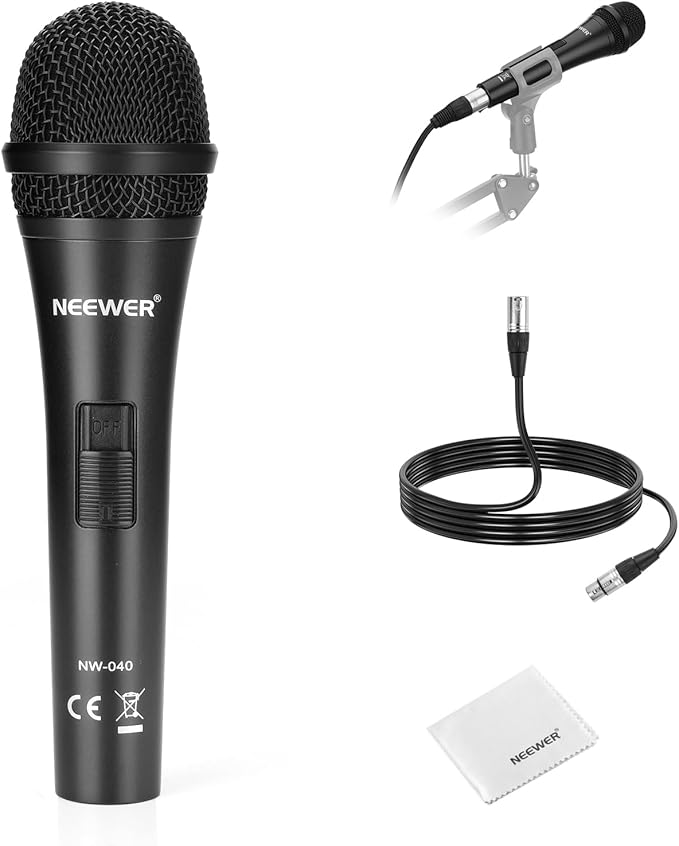 NEEWER NW-040 Cardioid Dynamic Microphone with XLR Cable Rigid Metal Shell Cleaning Cloth Unidirectional Pickup Mic for Musical Instruments Voice Public Speech Podcast Singing PC Gaming Streaming