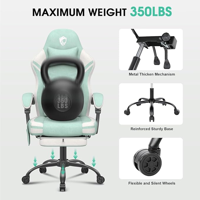 Gaming Chair Tech Fabric Computer Chair with Massage Office Chair with Pocket Spring Widened Cushion High Back Ergonomic Chair with Footrest Lumbar Support Upgraded Metal Legs 350LBS (Green)