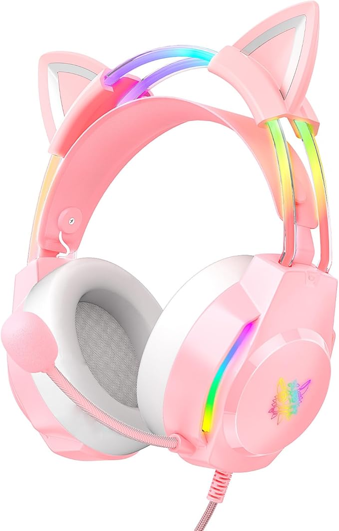 Gaming Headset with Microphone Cat Ear Headphones for PC Laptop PS4 PS5 Xbox Switch Rainbow RGB Lighting &amp Virtual Surround Sound 3.5mm Wired Over Ear Headphones Ergonomic