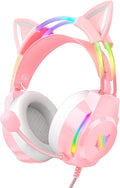 Gaming Headset with Microphone Cat Ear Headphones for PC Laptop PS4 PS5 Xbox Switch Rainbow RGB Lighting &amp Virtual Surround Sound 3.5mm Wired Over Ear Headphones Ergonomic