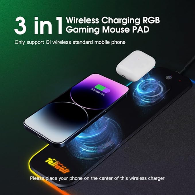 3-in-1 Wireless Charging RGB Gaming Mouse Pad 800x300mm 10 LED Light Modes Non-Slip Rubber Base USB Compatible with PC