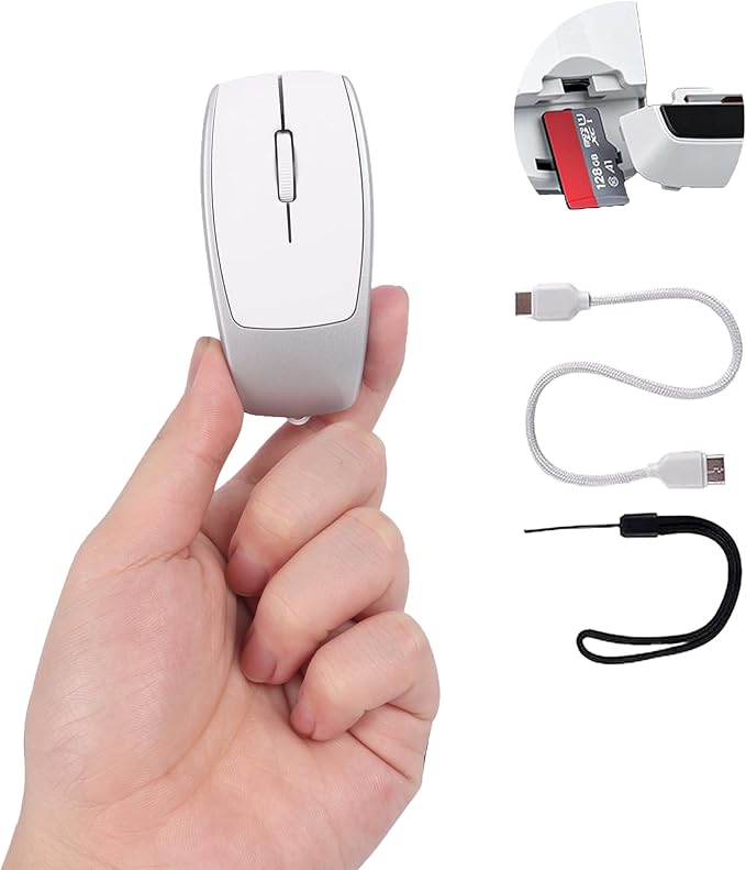 Wireless Mini Bluetooth Mouse with Card Reader (Up to 2TB)Portable Compact Silent Rechargeable Small Finger Optical Travel Mouse for PC/Laptop/Tablet/Smartphone Students Kids Girl Boy Gift (Silver)