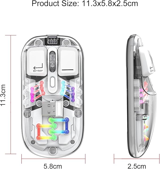 Sahara - Wireless Mouse | Transparent Shell LED Lights | Rechargable Battery | USB &amp Type C Adapter | Glacier Pro Series | Clear