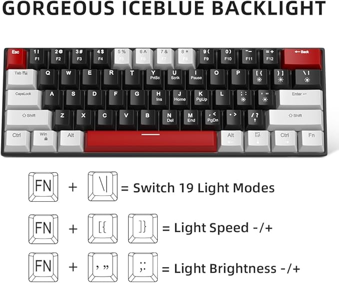 Camiysn 60% Mechanical Gaming KeyboardMixed Color Keycaps Gaming Keyboard with Linear Red Switches Detachable Type-C Cable Mini Keyboard with Blue LED Light for PC/Laptop