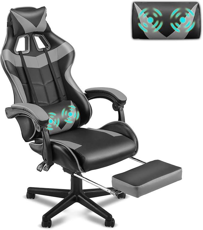 Soontrans Grey Gaming Chairs with FootrestErgonomic Computer Game Chair Gamer Chair with Lumbar Pillow and Adjustable Headrest (Galaxy Grey)