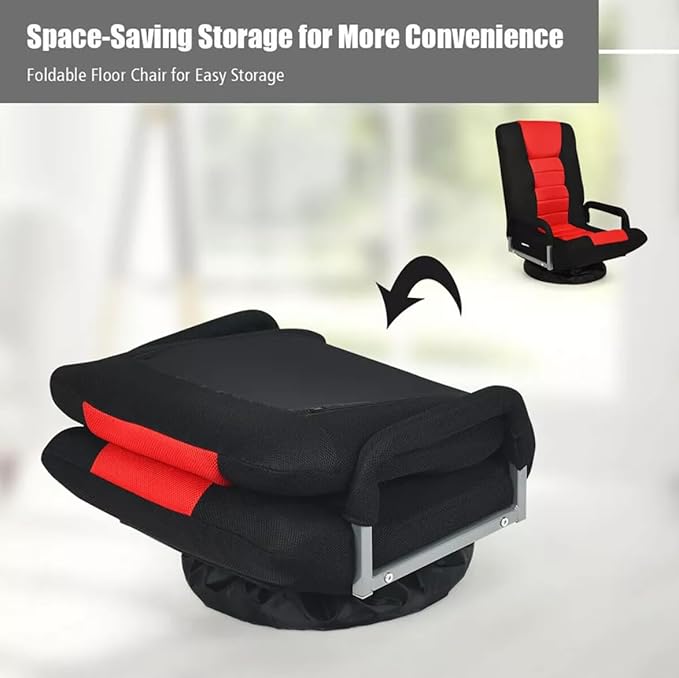 Foldable Floor Gaming Chair Video Gaming Rocker Chair for Adults 360° Swivel Comfort Armrest 7-Position Adjustable Back for TV Reading 330 lbs Support Steel Frame Comfortable Fabrics (Red)