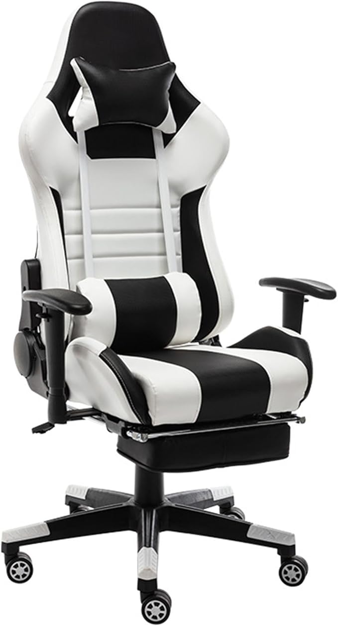 Ergonomic Gaming Chair Desk Chair Leather Computer Chair with Headrest and Lumbar Support Swivel Reclining Video Game Chair for AdultsWhite+BlackHeight 124134C