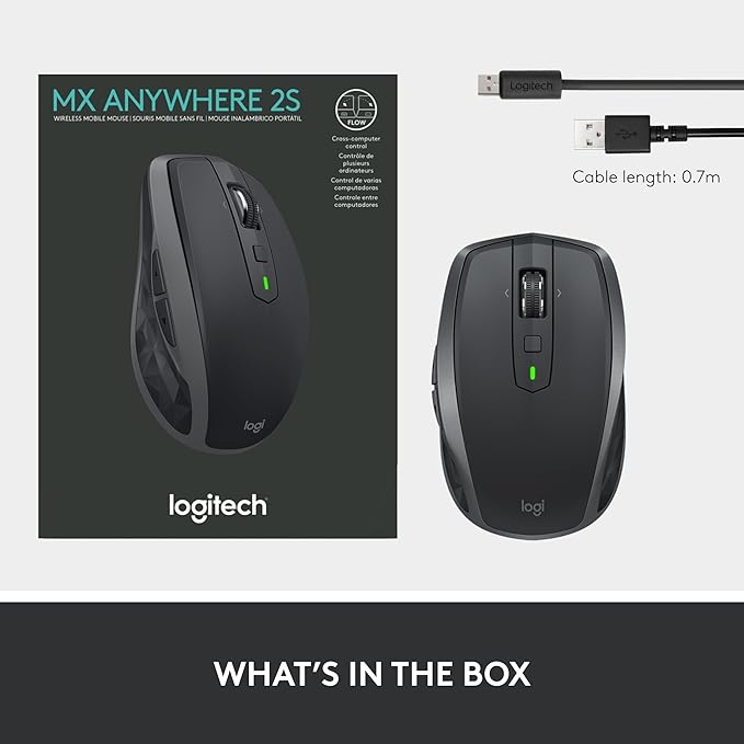 Logitech MX Anywhere 2S Bluetooth Edition Compact Wireless Mouse No USB Receiver - Use On Any Surface Hyper-Fast Scrolling Rechargeable Control Up to 3 Apple Mac and Windows Computers and Laptops