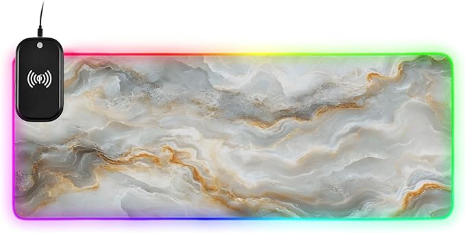 White Marble Gaming Mouse Pad Led Mousepads RGB Backlit with 14 Lighting Modes Non Slip Base Soft Computer Keyboard Mat for Gaming PC Laptop Desk M