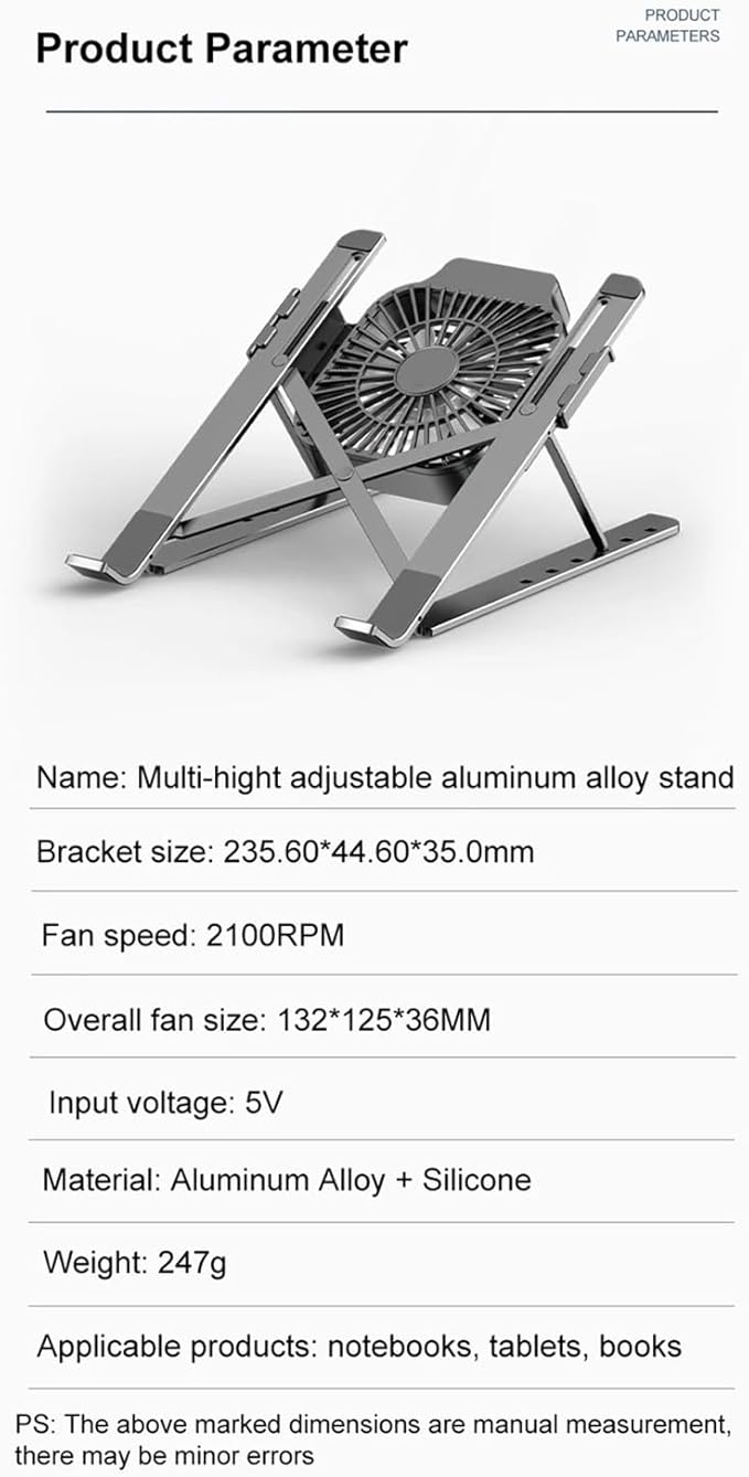 Compatible for 17 Portable Laptop Cooling Stand Foldable Aluminum Alloy Fan Adjustable Notebook Pad Holder for Tablet