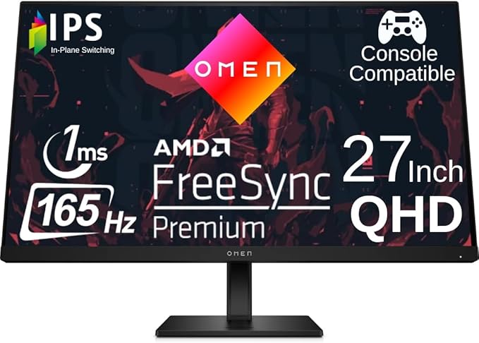 HP OMEN 27q 27 inch QHD Gaming Monitor 165Hz IPS 1ms AMD Freesync Premium Console Compatible DisplayPort Dual HDMI VESA Mountable for Laptop Computer PS5 Xbox Desk Setup Black (Renewed)
