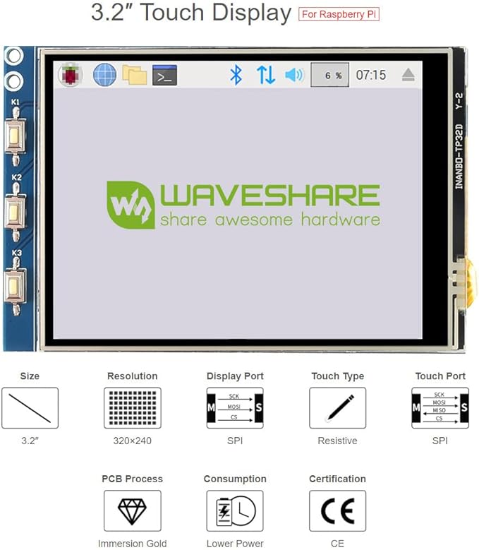 Waveshare 3.2inch Resistive Touch Display Compatible with Raspberry Pi 4B/3B+/3B/2B/B+/A+/Zero/Zero W/WH/Zero 2W Series Boards 320×240 Resolution SPI
