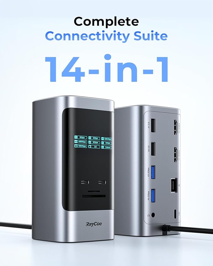 RayCue 14 in 1 Docking Station Dual Monitor 2 * 4K HDMI 6 USB Ports 5 Shortcut Button 1Gbps Ethernet PD3.0(No Power Adapter) Laptop Docking Station for Dell/HP/Lenovo/Asus/Acer/Mac