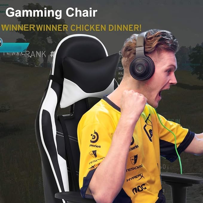 Gaming Chair with Footrest and Lumbar Support Height Adjustable Reclining 360 Swivel for Adults White