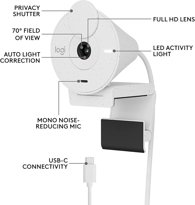 Logitech Brio 300 Full HD Webcam auto Light Correction Noise reducing mic Privacy Shutter USB-C Works with Microsoft Teams Google Meet Zoom for Streaming and Video Calling - White