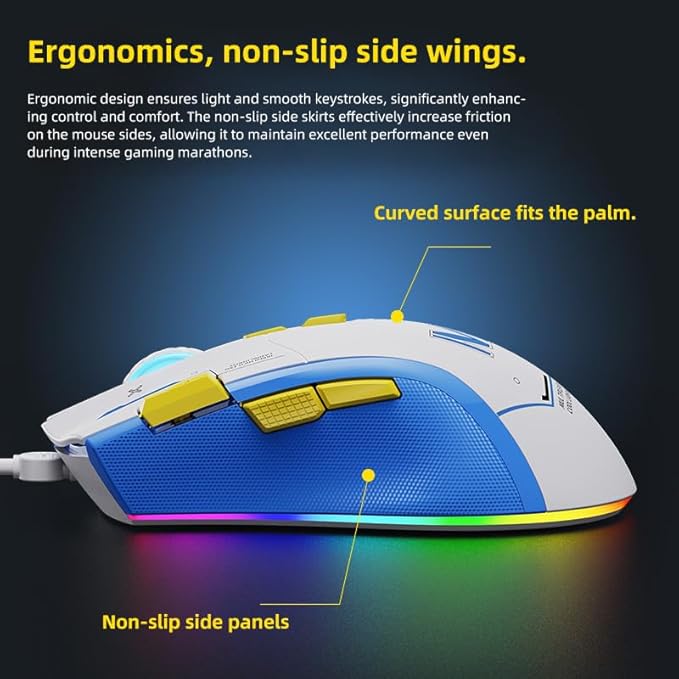 Wire Gaming Mouse Ergonomic RGB Mouse Programmable Gaming Mouse USB-C 7200 DPI Plug Play High-Precision Optical Sensor 8 Programmable Buttons Gaming Mice for PC &amp Laptop White