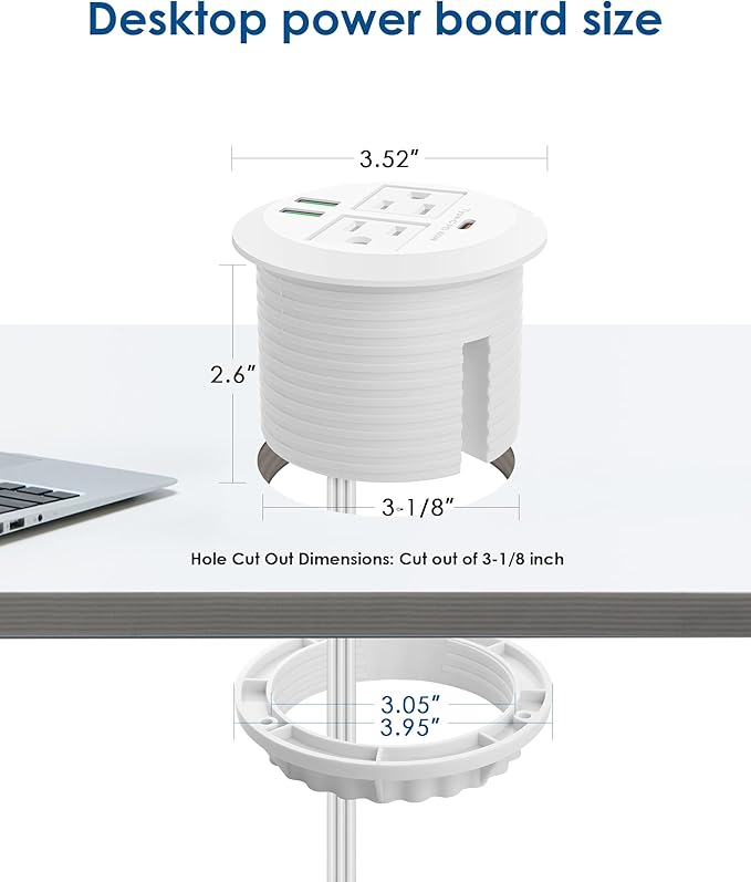 3-inch Desktop Power GrommetMax 65W USB C Charger2 Outlets and 3 USB High-Speed Charging Station Flush Mount Desk Hole Round Power Outlet Recessed Power Strip6ft Cord Flat Plug
