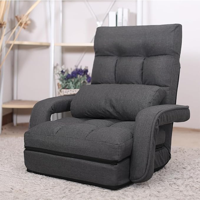 WAYTRIM 6-Position Indoor Chaise Lounge Chair Gaming Floor Chair for Teens &amp Adults Lazy Sofa for Pets with Armrest &amp Pillow - Charcoal
